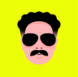 graphic design white man's head with short dark curly hair, dark sunglasses, dark moustache, yellow background.