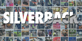 company logo white word 'silverback' on background of photos of events